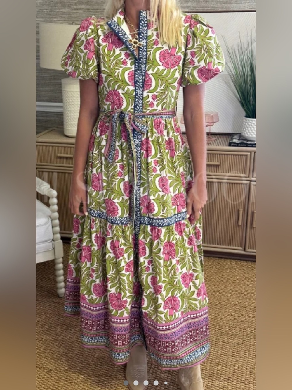 TCEC Pink & Green Floral Maxi Dress with Navy Trim